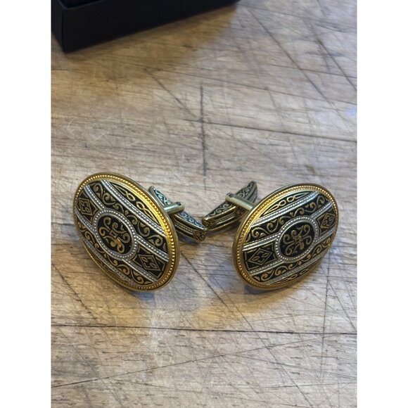 Vintage Spain Damascene Gold & Black Oval Cufflinks With Intricate Pattern - Picture 4 of 5
